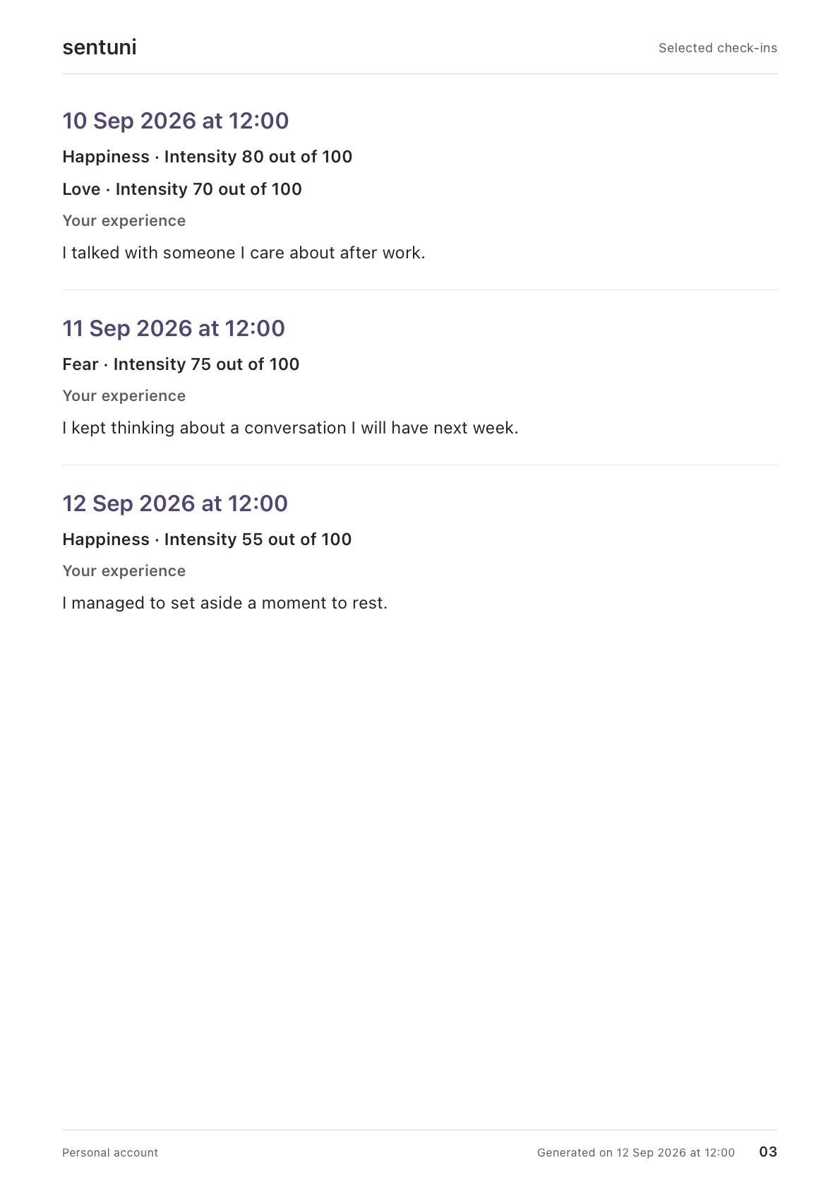 Report page 3: personal notes alongside emotions and intensities.