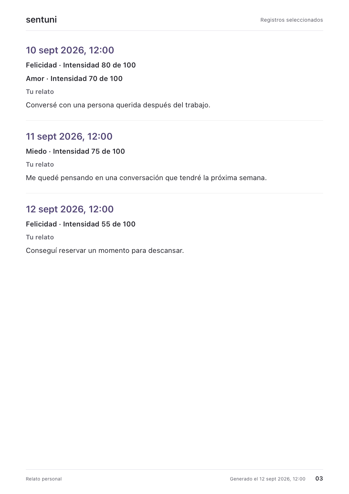 Página 3 del informe: relatos personales junto con las emociones e intensidades.