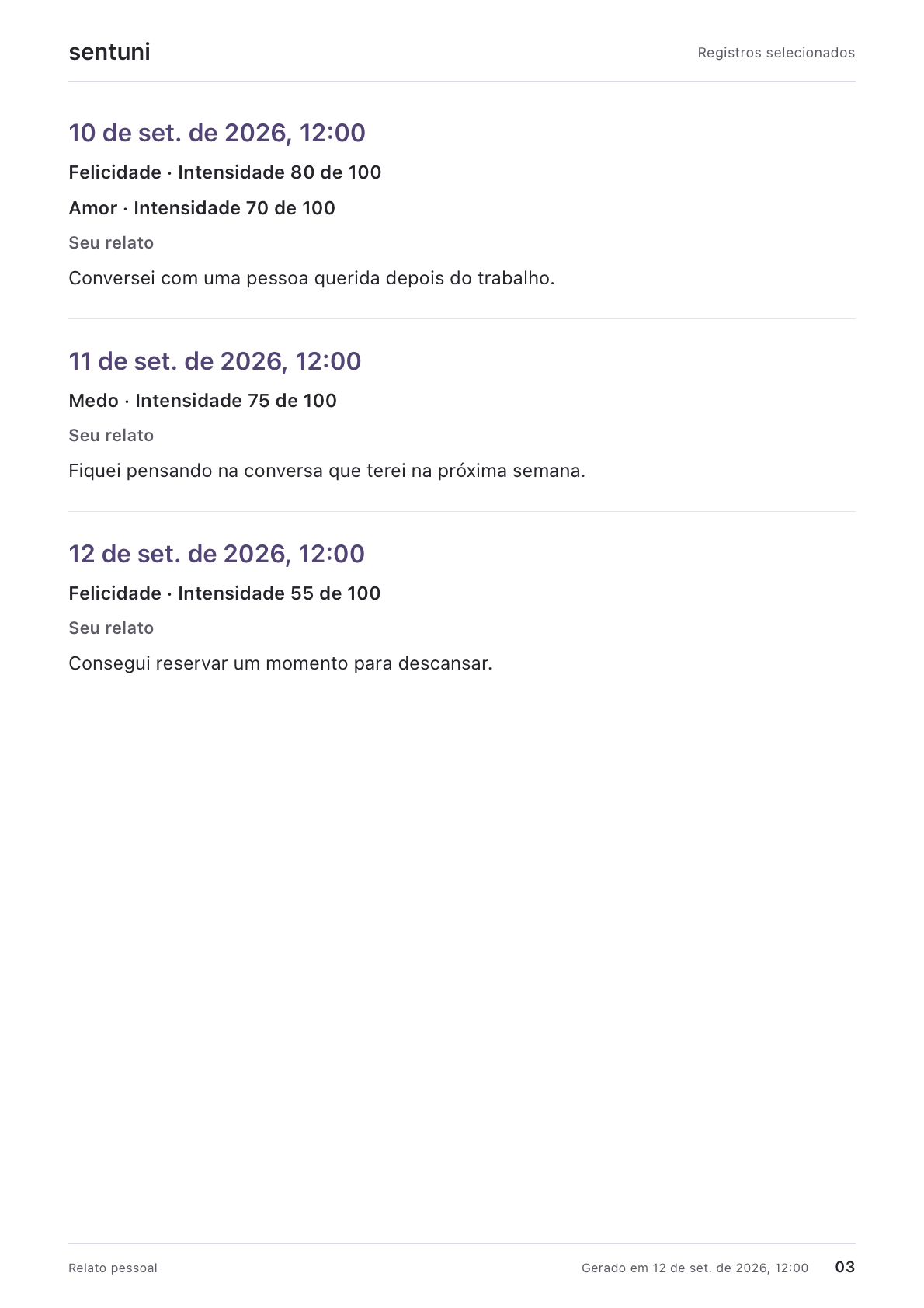 Página 3 do relatório: relatos pessoais acompanhados das emoções e intensidades.