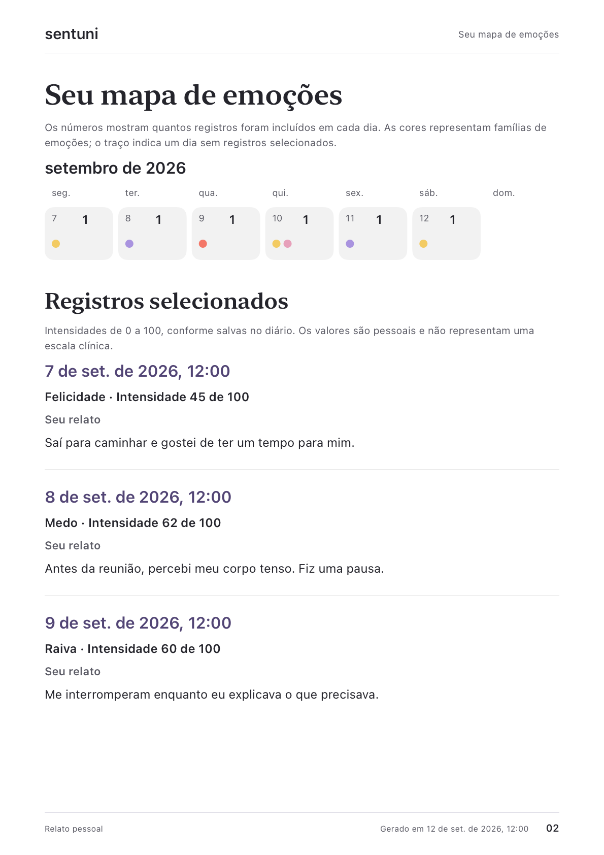 Página 2 do relatório: calendário com as emoções registradas em cada dia.