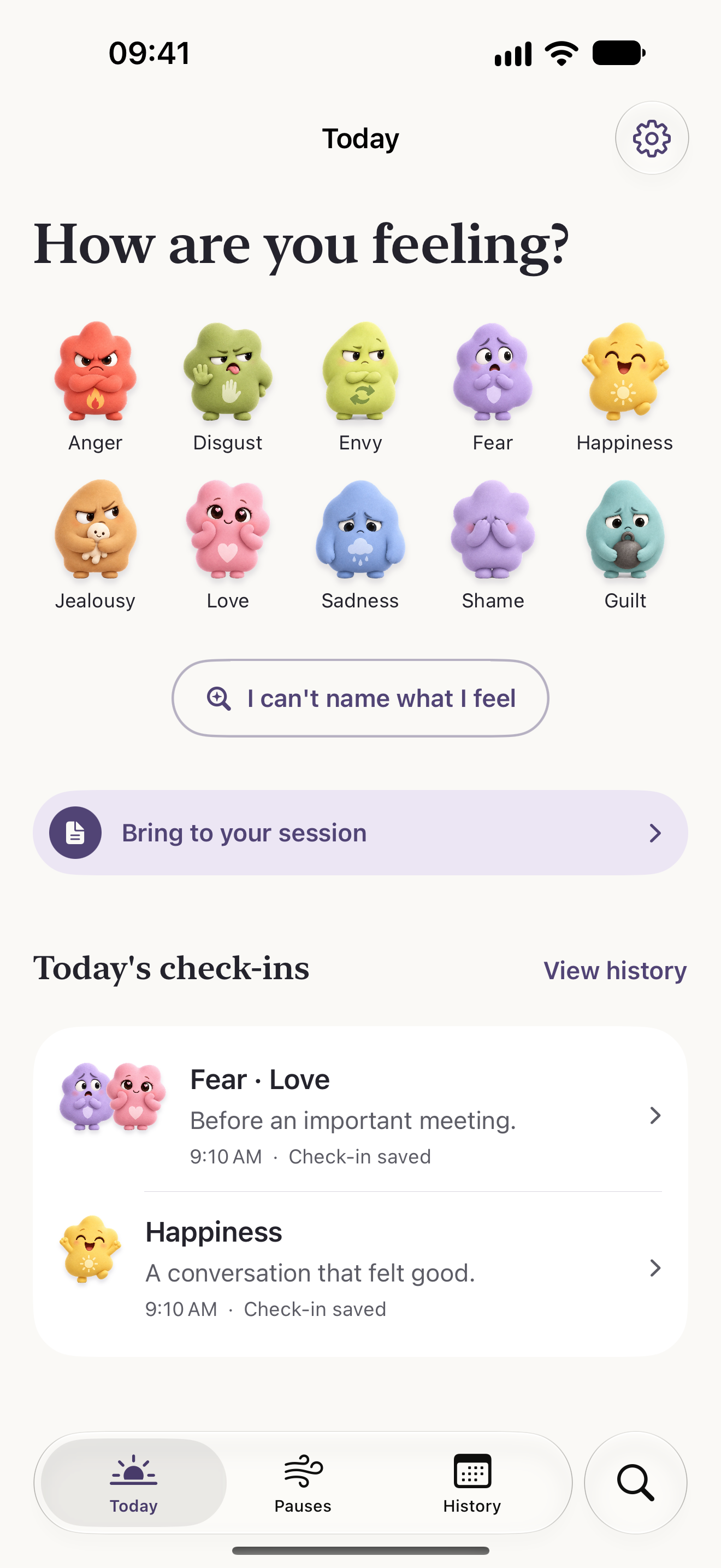 Today screen: the ten emotion families to check in with one tap, and the day’s entries.