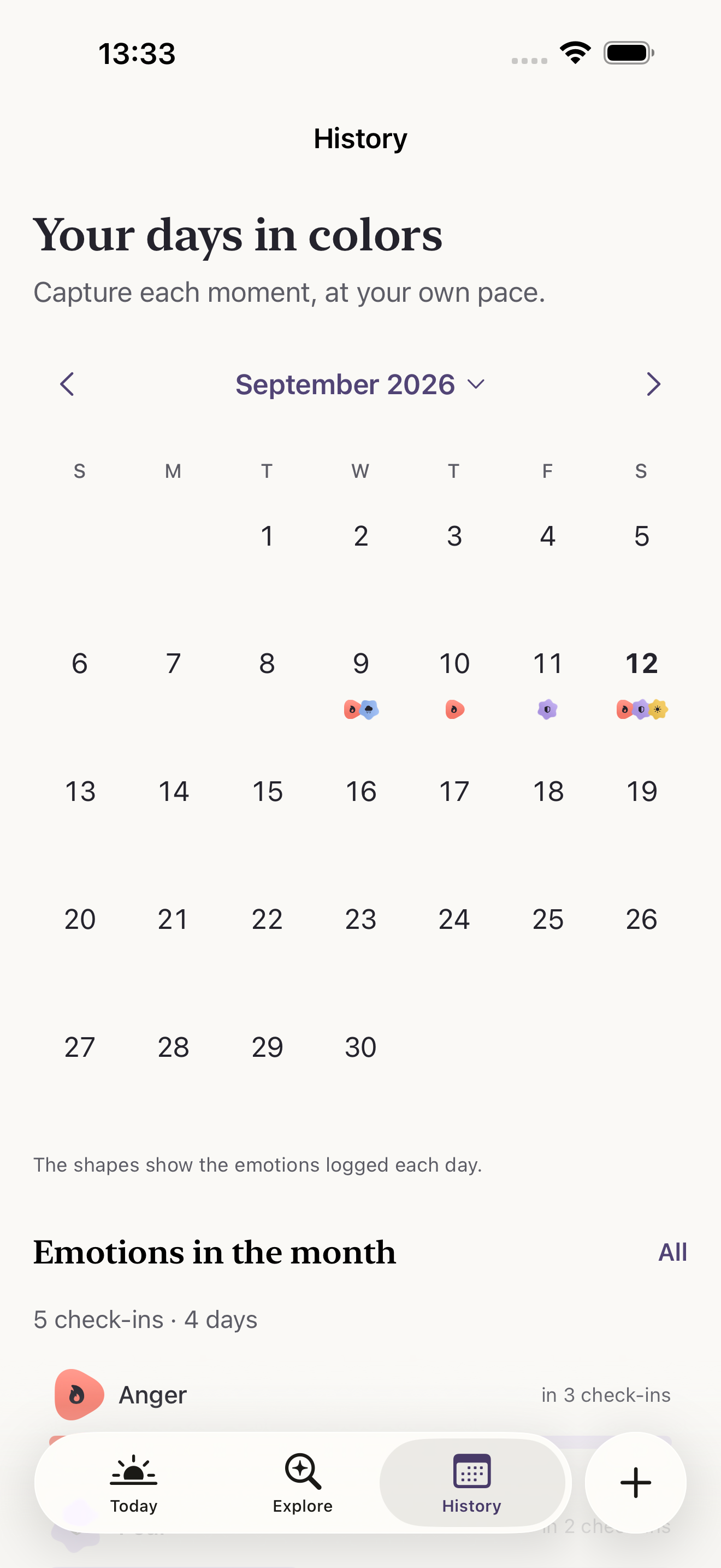 History with a colorful calendar and a summary of emotions recorded during the month.