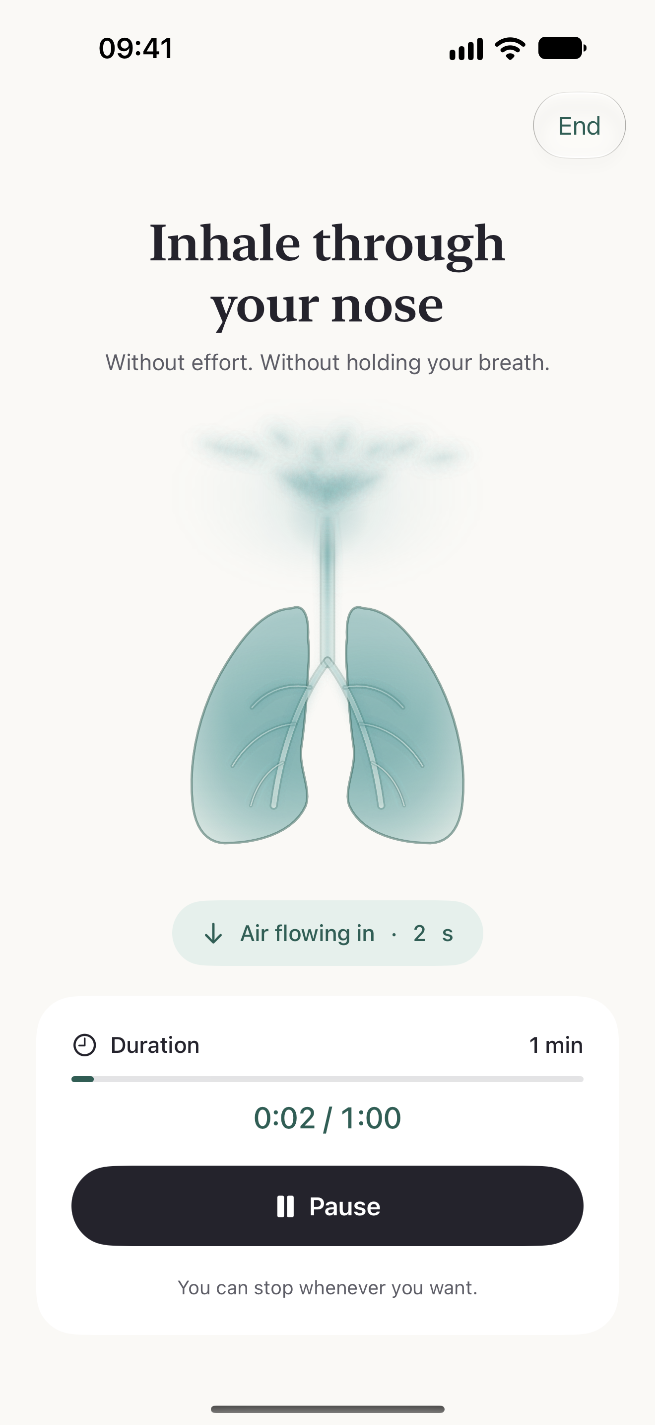 Breathing session: illustration of the surrounding air flowing into the lungs, with the session time.