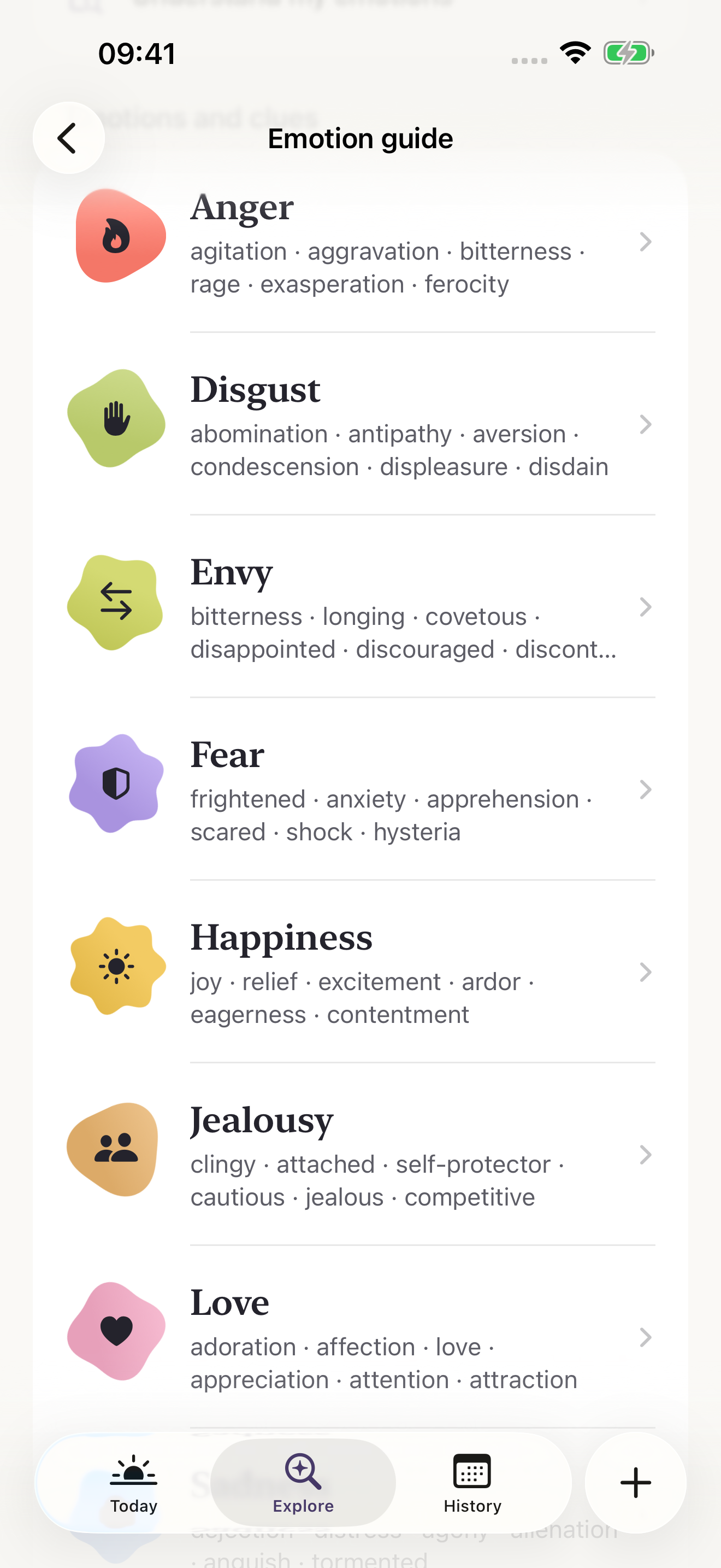 Sentuni’s emotion guide: a list of feelings with colorful shapes, names and variations within each family.