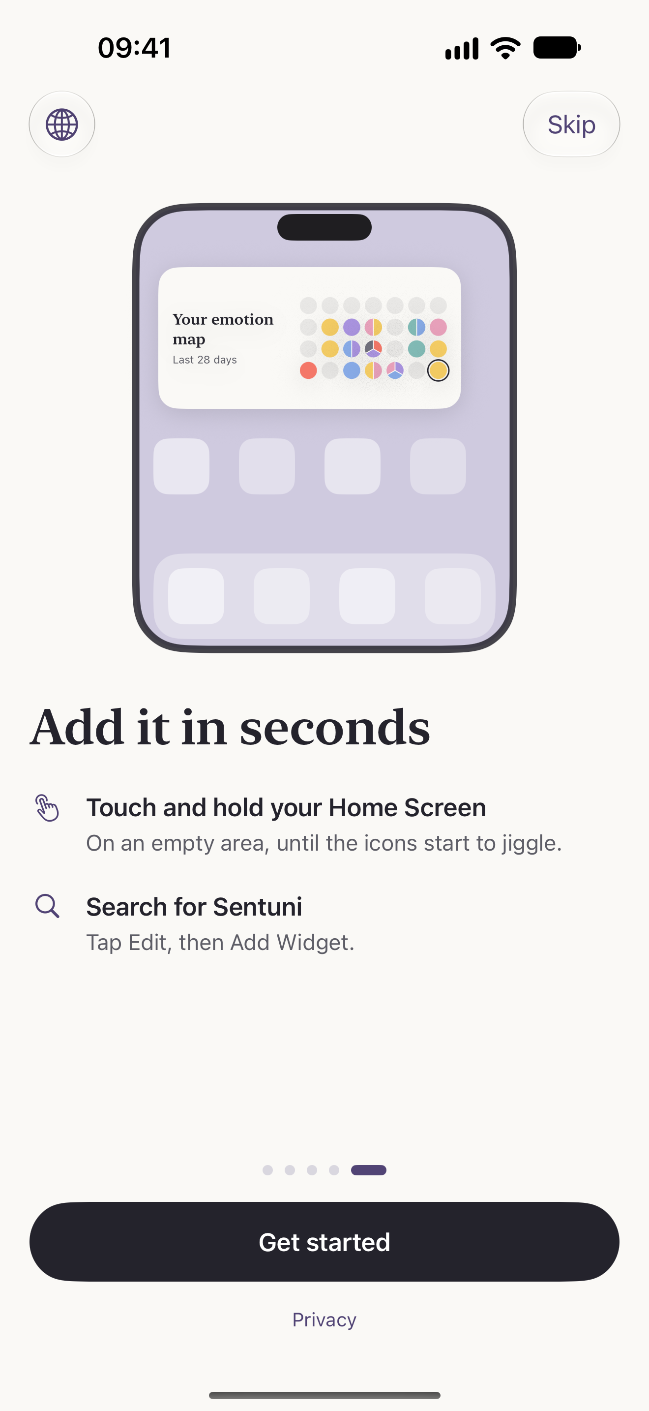 Emotion map widget on the Home Screen, with a colored circle for each day.