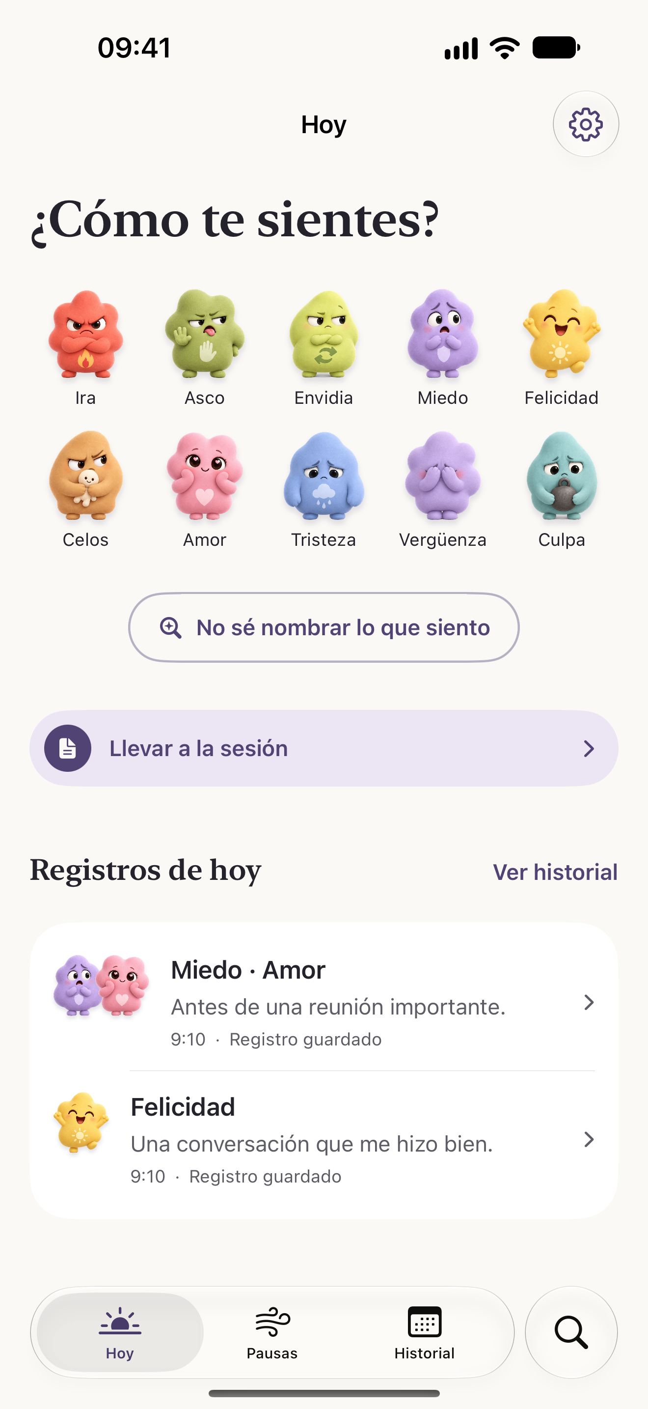 Pantalla Hoy: las diez familias de emociones para registrar con un toque y los registros del día.