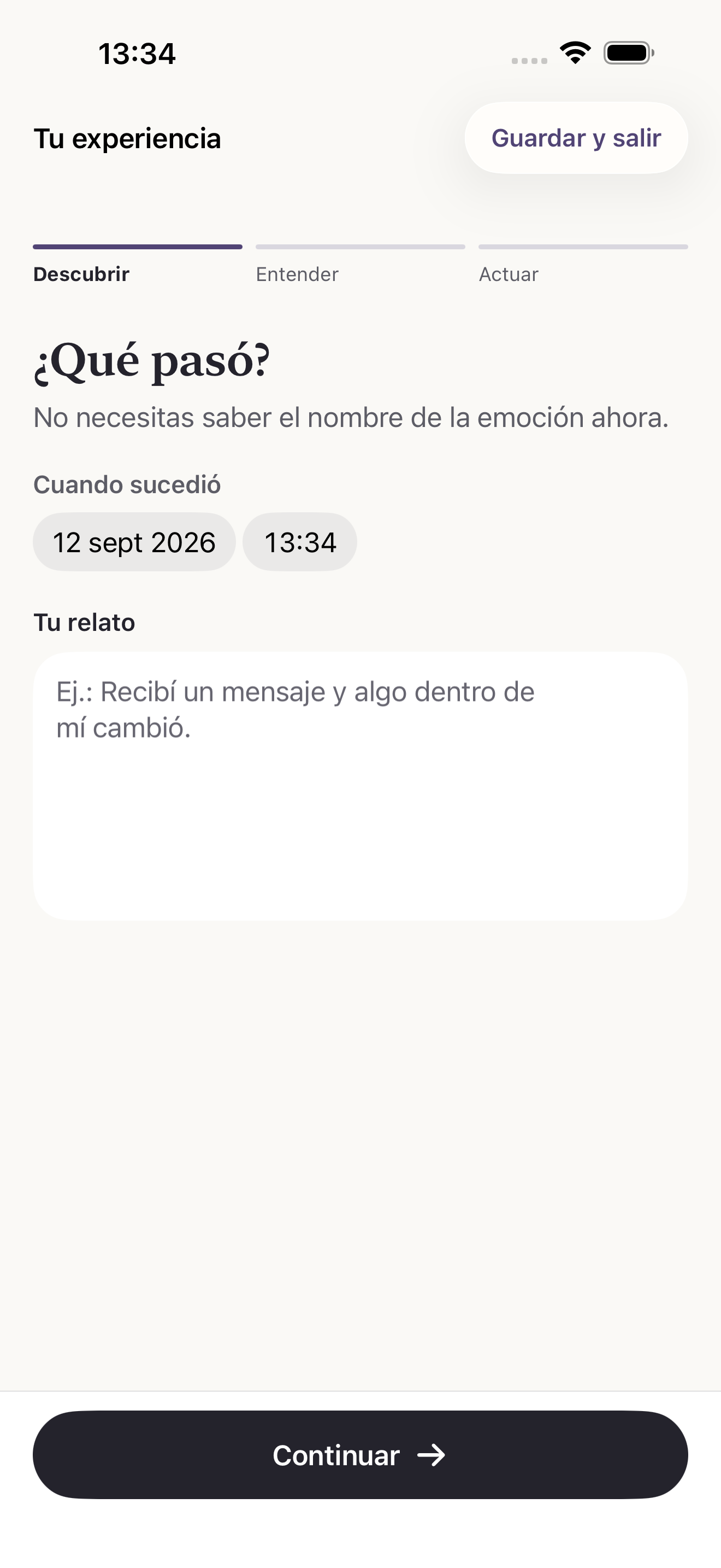 Pantalla del relato: qué pasó, sin tener que nombrar la emoción.