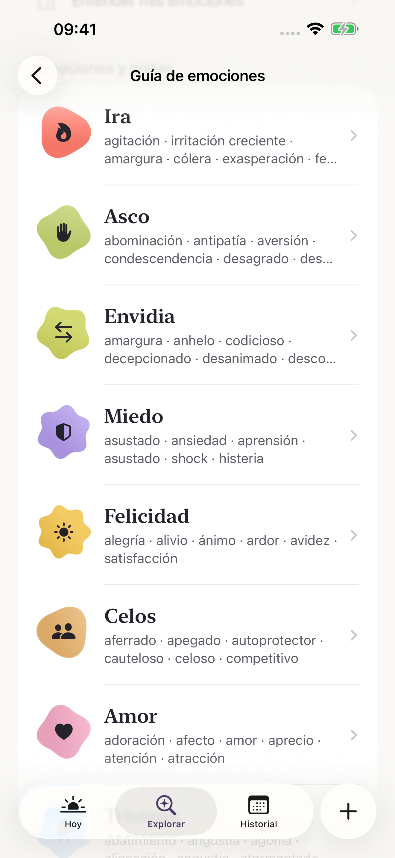Guía de emociones de Sentuni: lista de sentimientos con formas de colores, nombres y variaciones de cada familia.