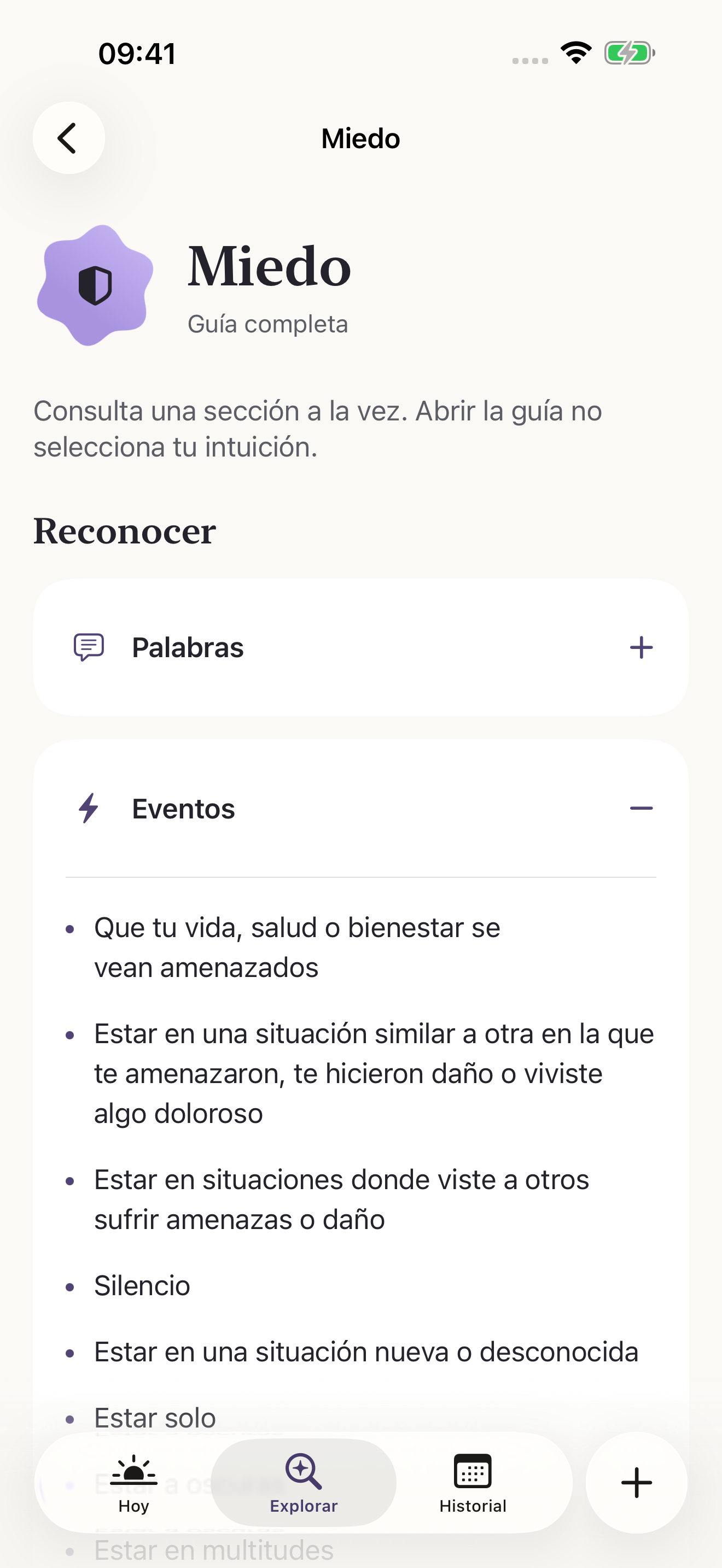 La ficha del miedo abierta en la app, con pistas para reconocer la emoción.