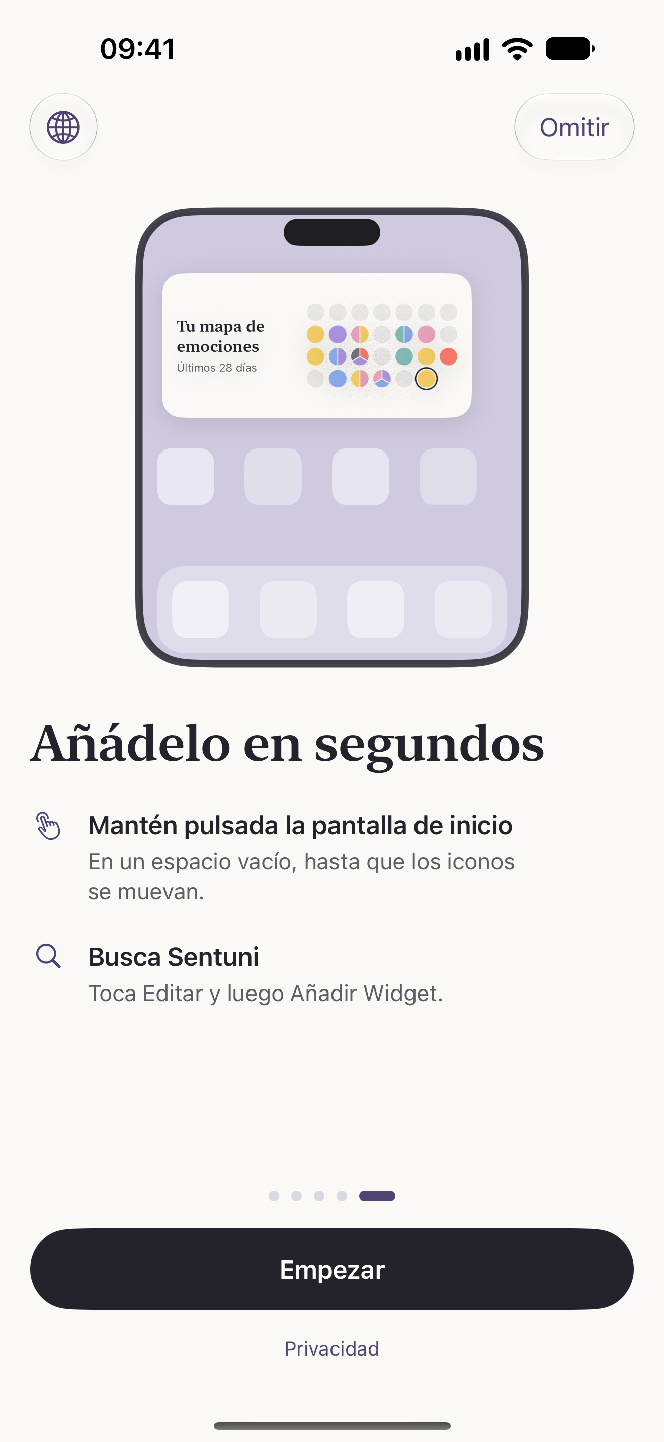 Widget Mapa de emociones en la pantalla de inicio, con un círculo de color para cada día.