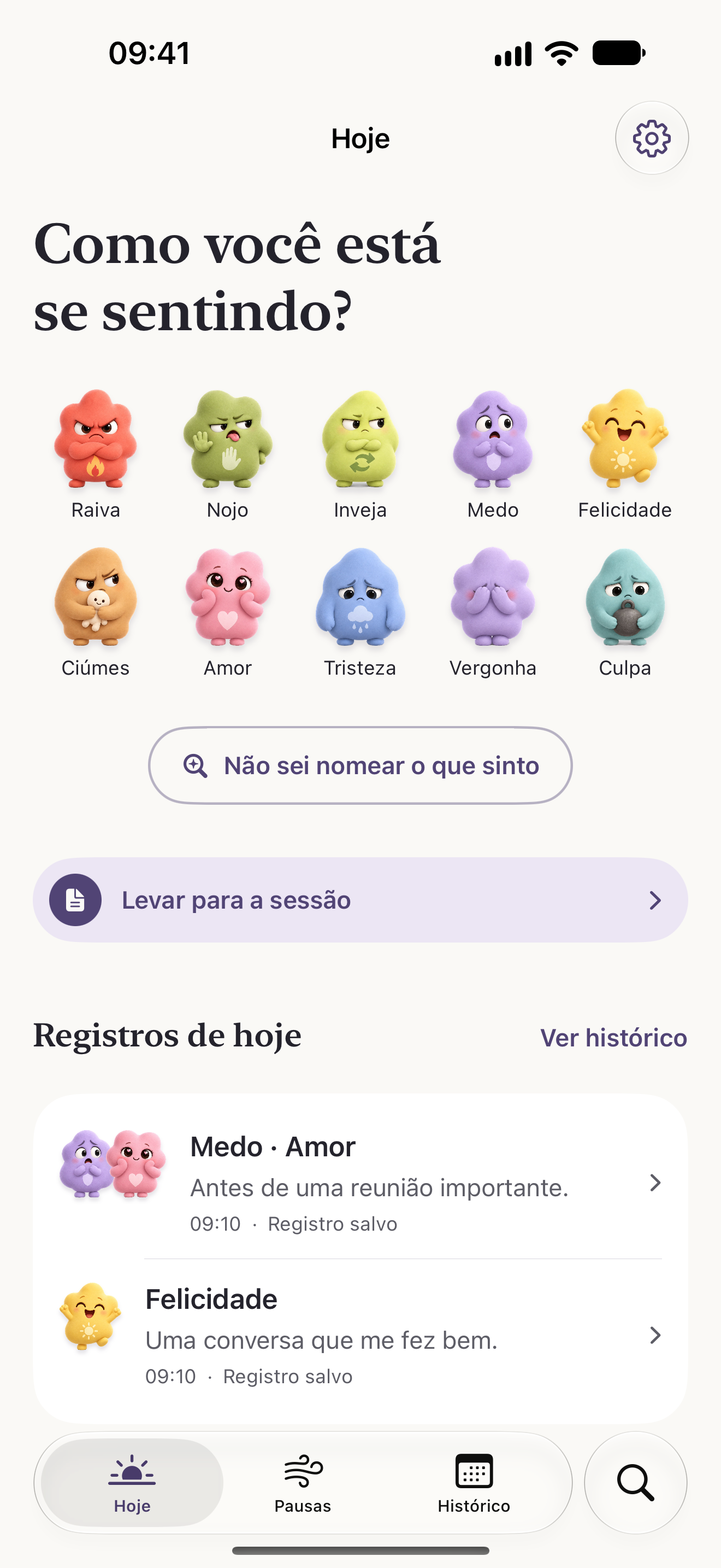 Tela Hoje: as dez famílias de emoções para registrar com um toque e os registros do dia.