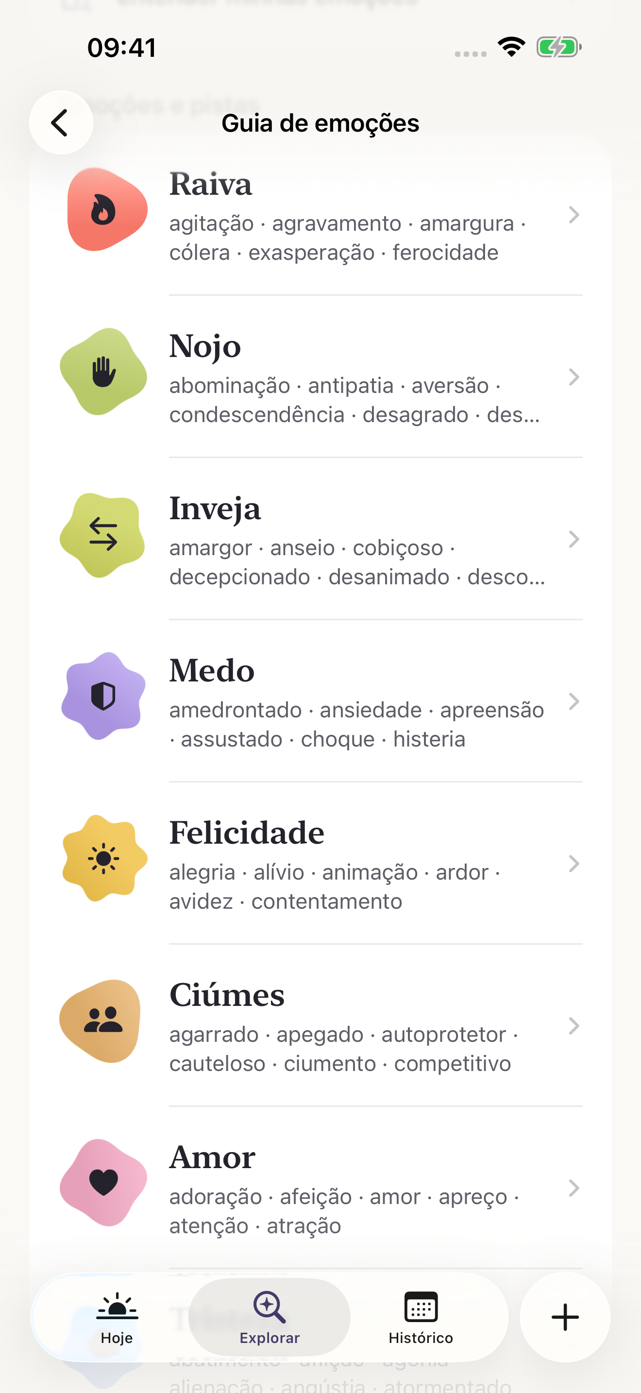 Guia de emoções do Sentuni: lista de sentimentos com formas coloridas, nomes e variações de cada família.