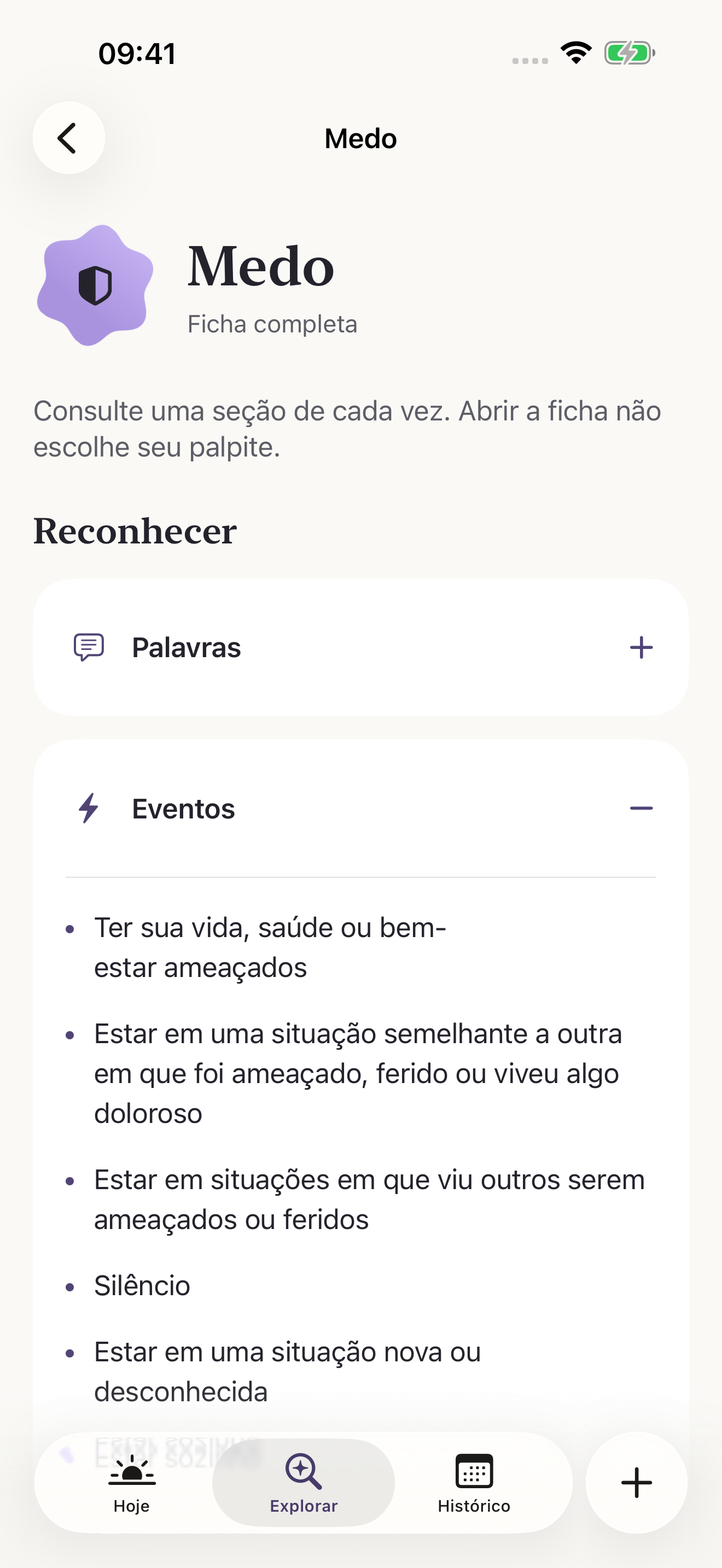 Ficha de medo aberta no app, com pistas para reconhecer a emoção.