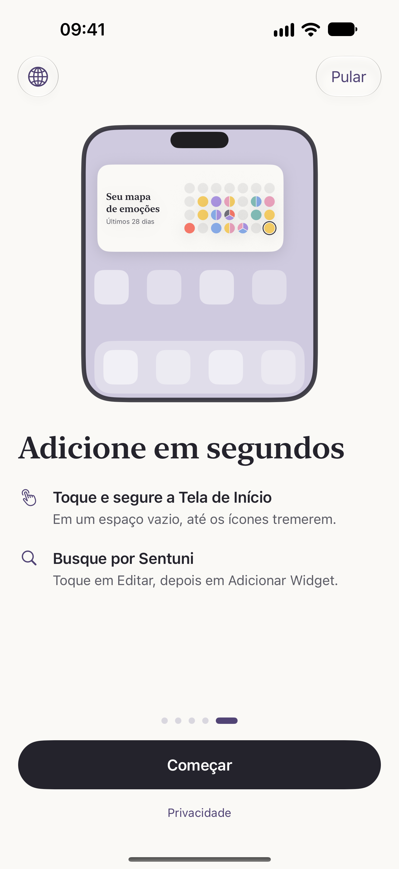 Widget Mapa de emoções na Tela de Início, com um círculo colorido para cada dia.
